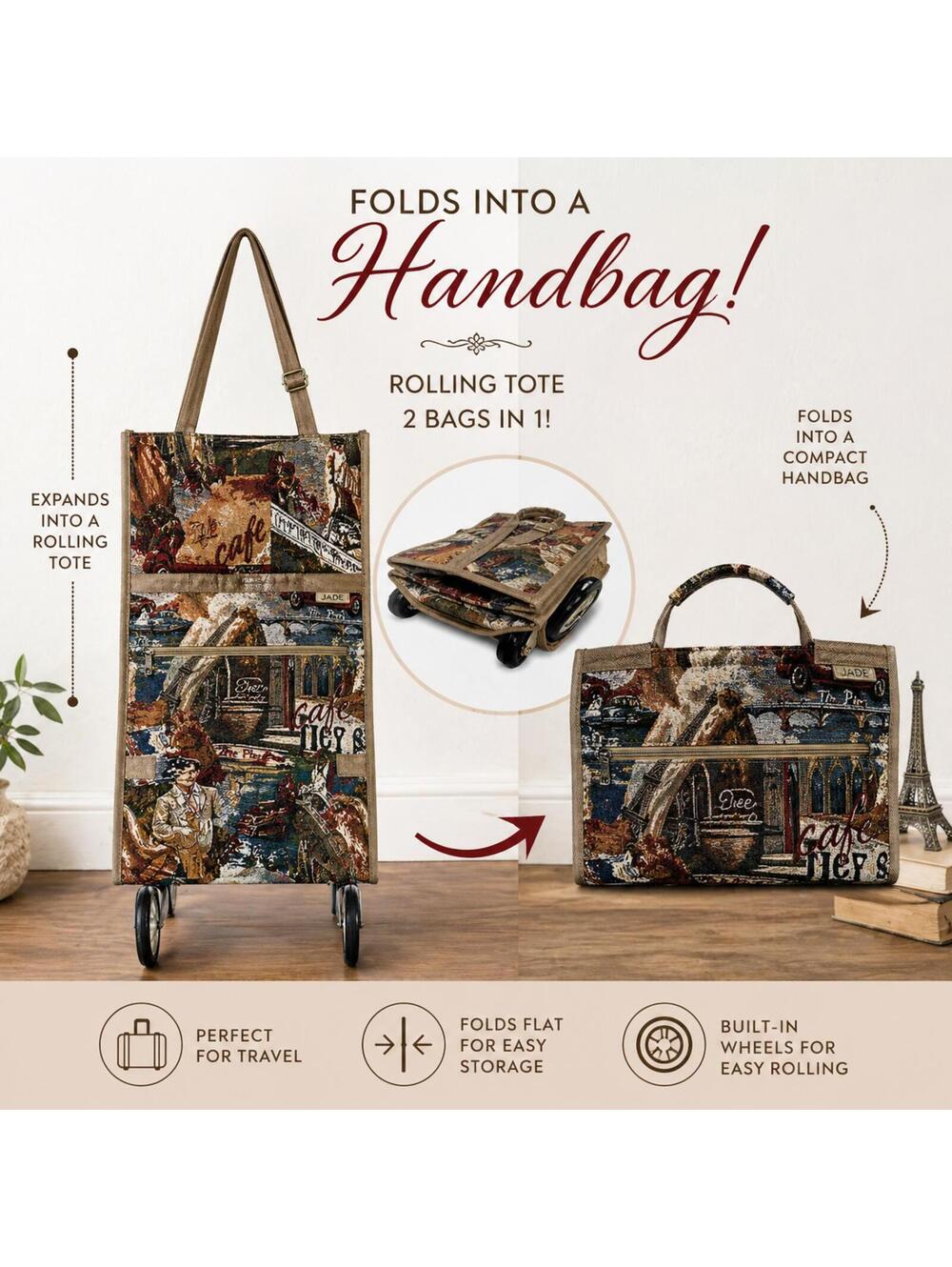 Vintage JADE Tapestry Rolling Tote Foldable Travel Bag Paris Wheeled Carry-On
